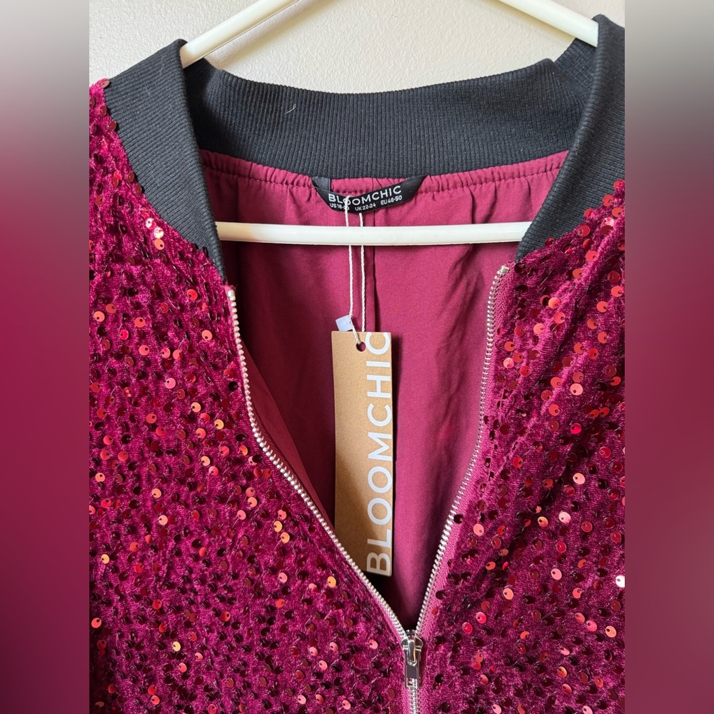 BloomChic Burgundy Sequin Bomber Jacket - Picture 3 of 8